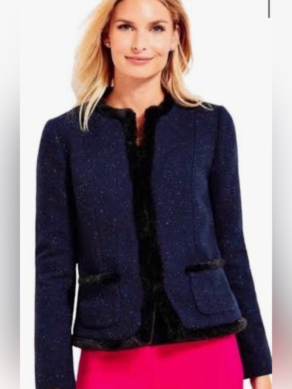 Talbots Navy Jacket with Black Faux Fur Trim